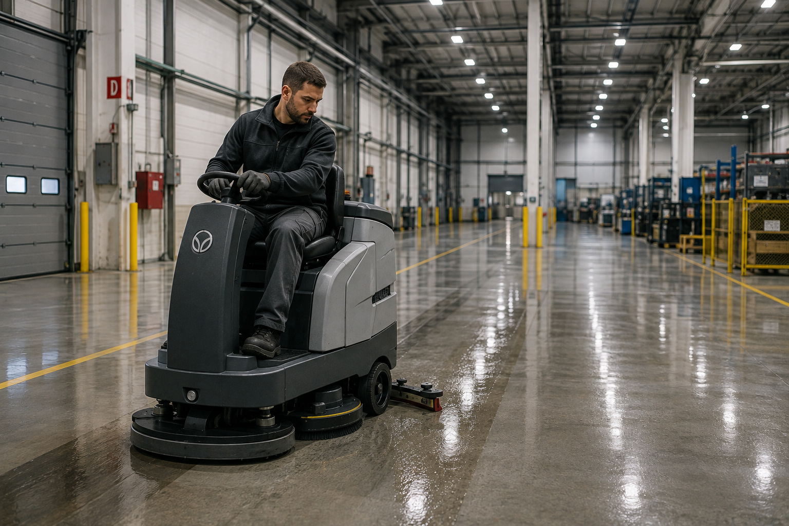 Muž řídí průmyslový zametací/čisticí robot v hale, leští podlahu a soustředěně pracuje.