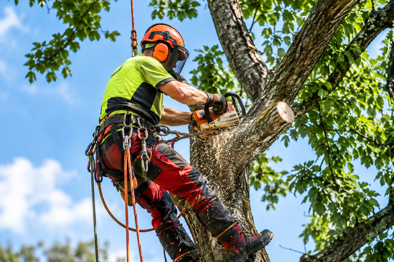 Arborista v ochranné helmě řeže větev motorovou pilou, padají třísky, zelené listí a modrá obloha.