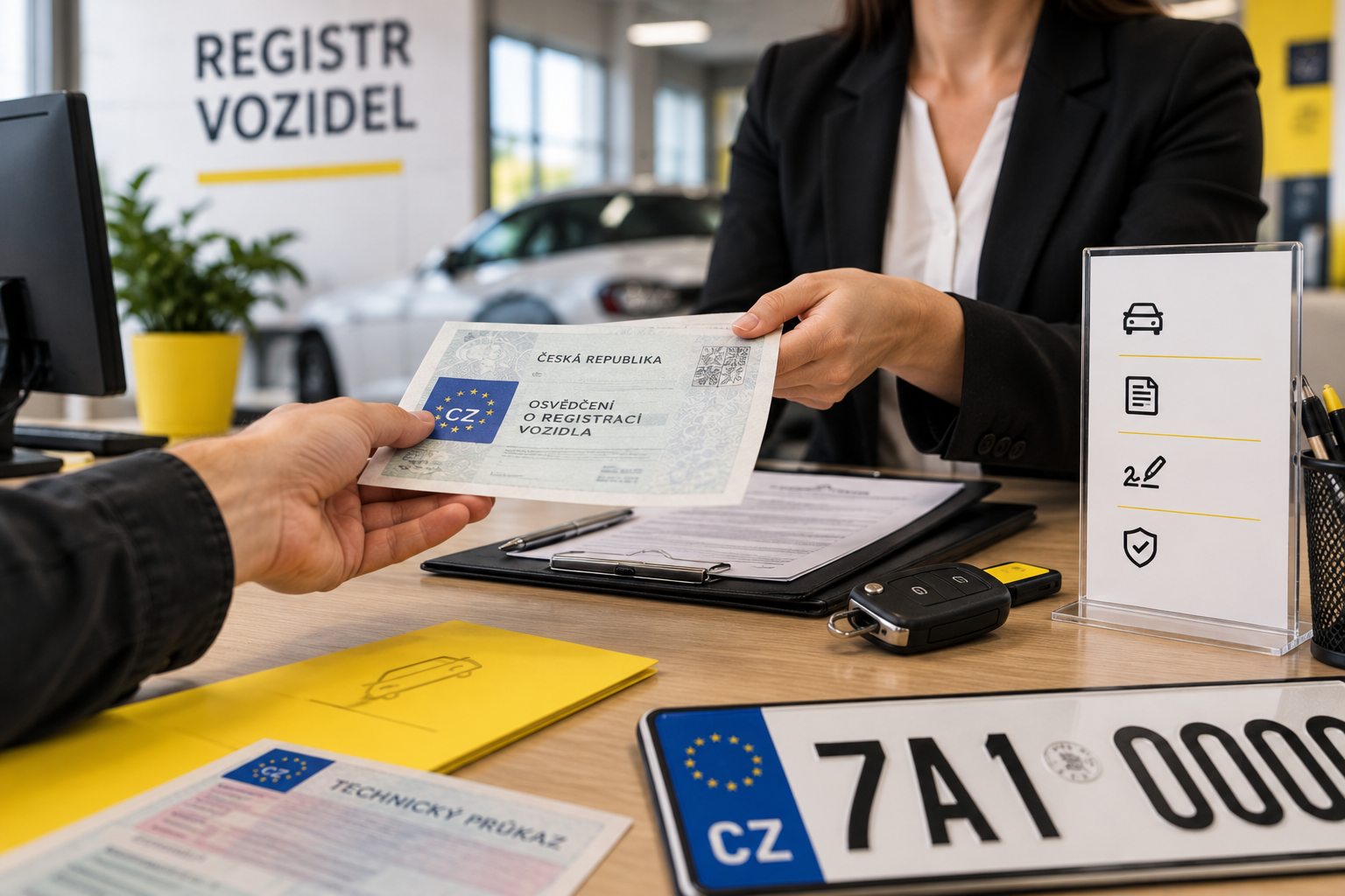 Ruce podávají doklad o registraci vozidla v kanceláři, žena v saku u stolu.