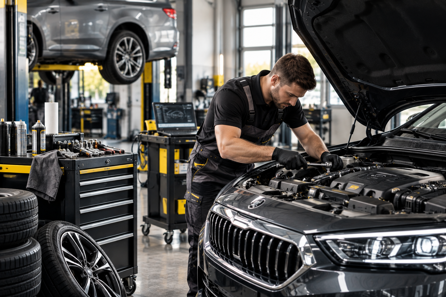 Mechanik v dílně opravuje motor auta, otevřená kapota, nářadí a pneumatiky v pozadí.