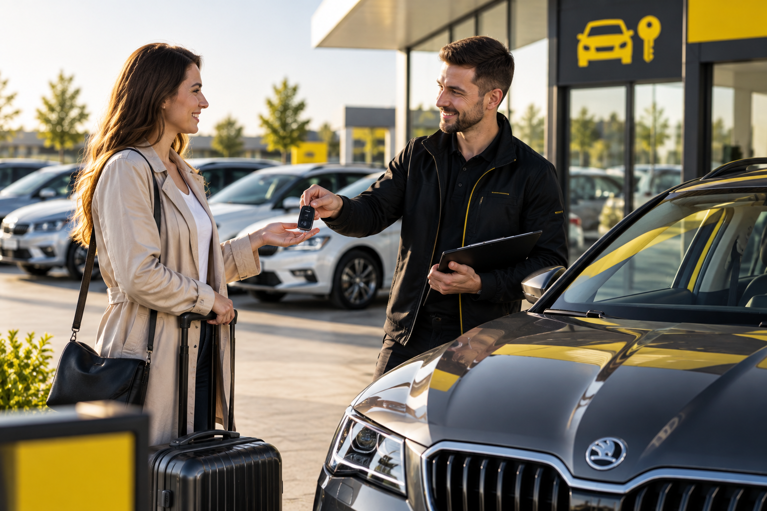 Servisní pracovník předává klíč řidičce u auta v autosalonu, v pozadí žluté logo.