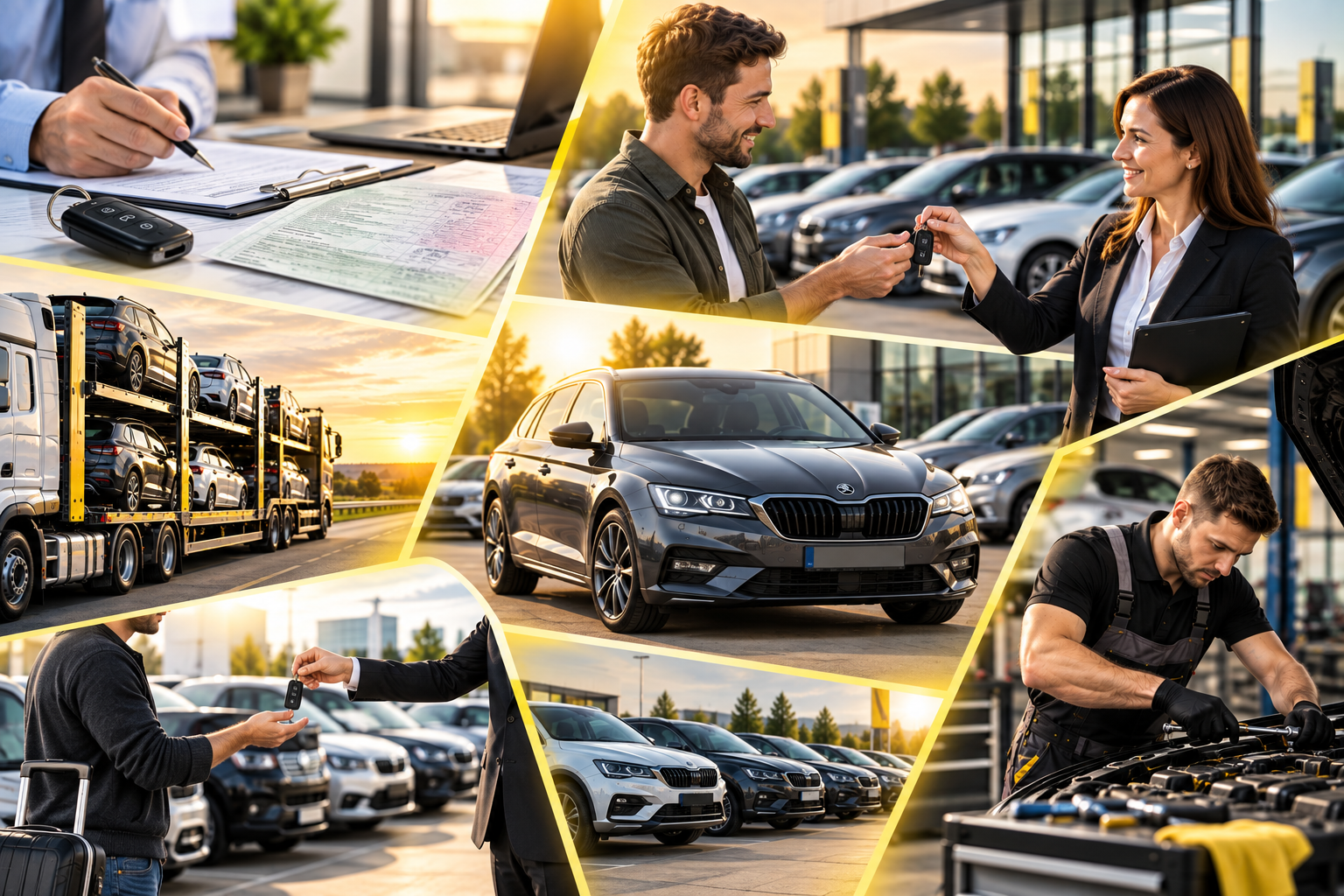 Koláž: obchodník předává klíč u aut, mechanik opravuje motor, přeprava vozidel na rampě.