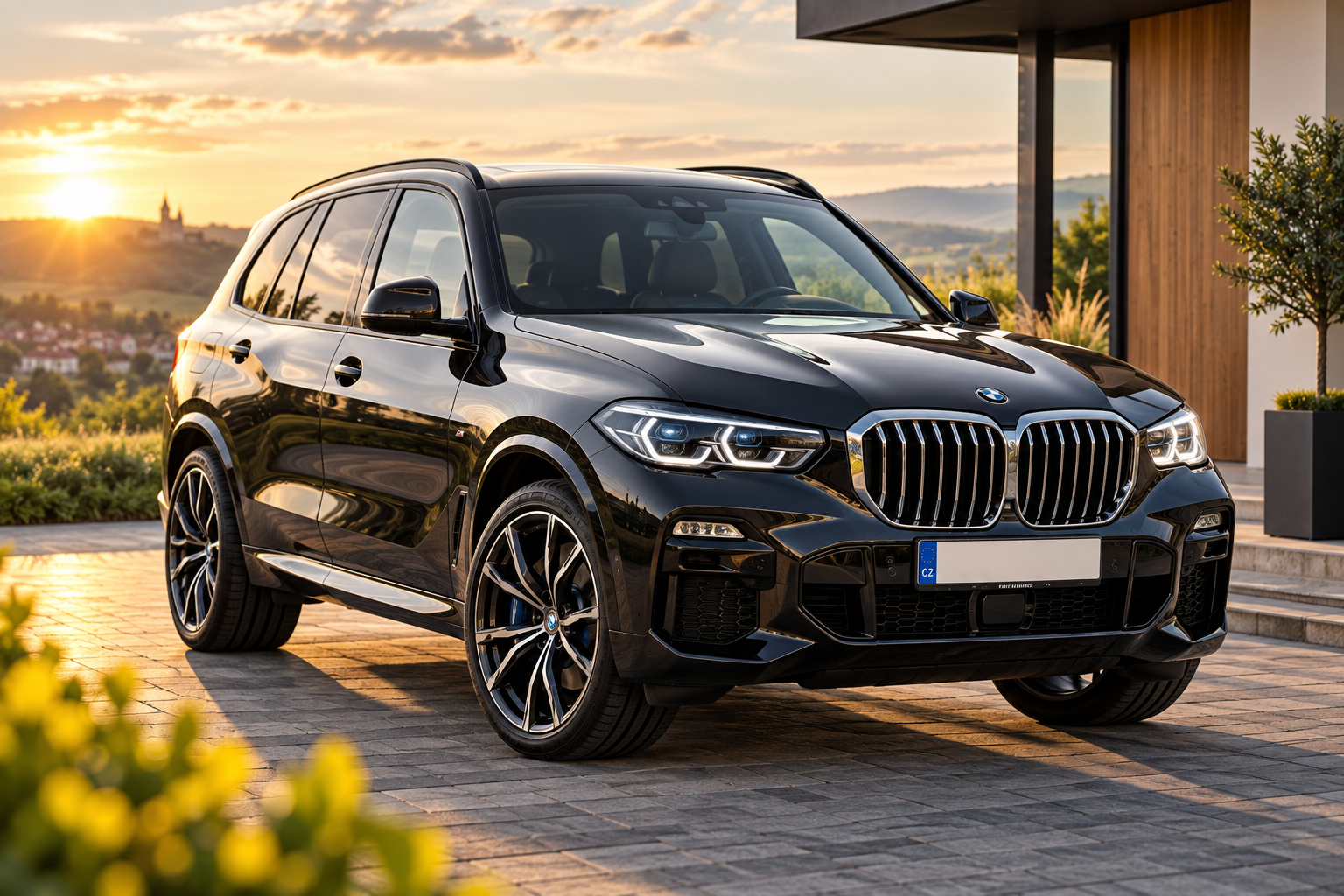 Černé BMW SUV stojí na terase u domu, západ slunce osvětluje lesklý lak a chrom.