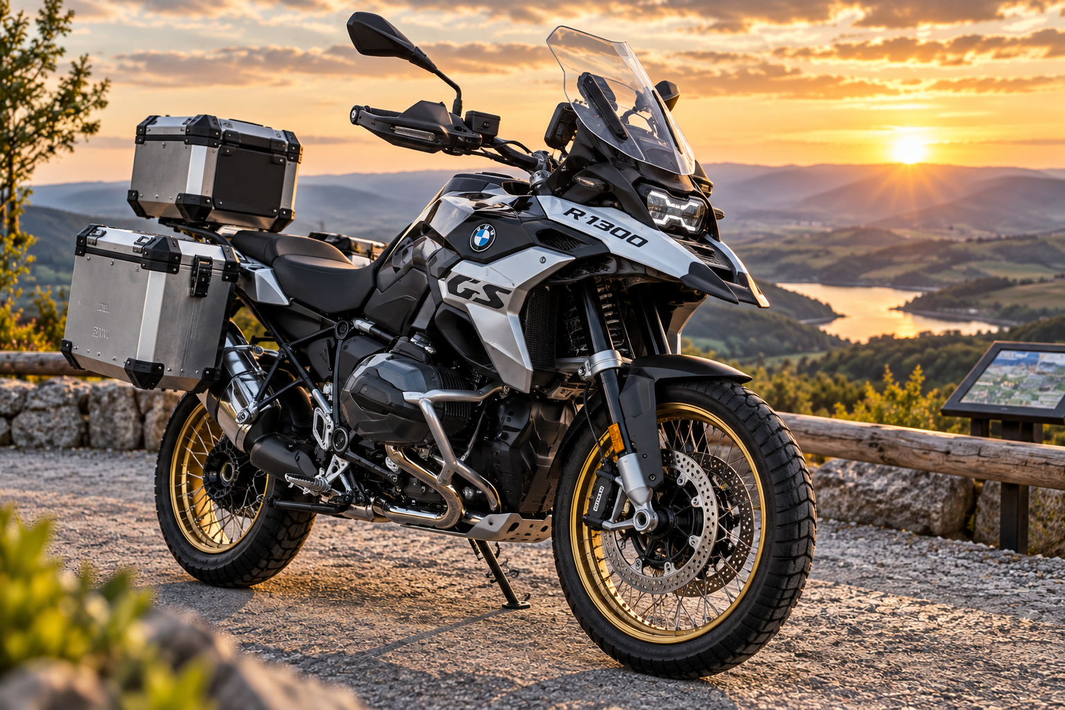Motocykl BMW R 1300 s kufry a plexi štítem stojí na vyhlídce při západu slunce.