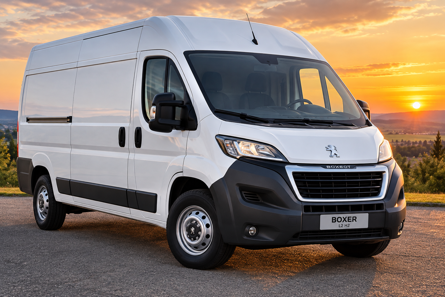 Bílý dodávkový vůz Peugeot Boxer stojí na silnici při západu slunce, detail přední části a světel.